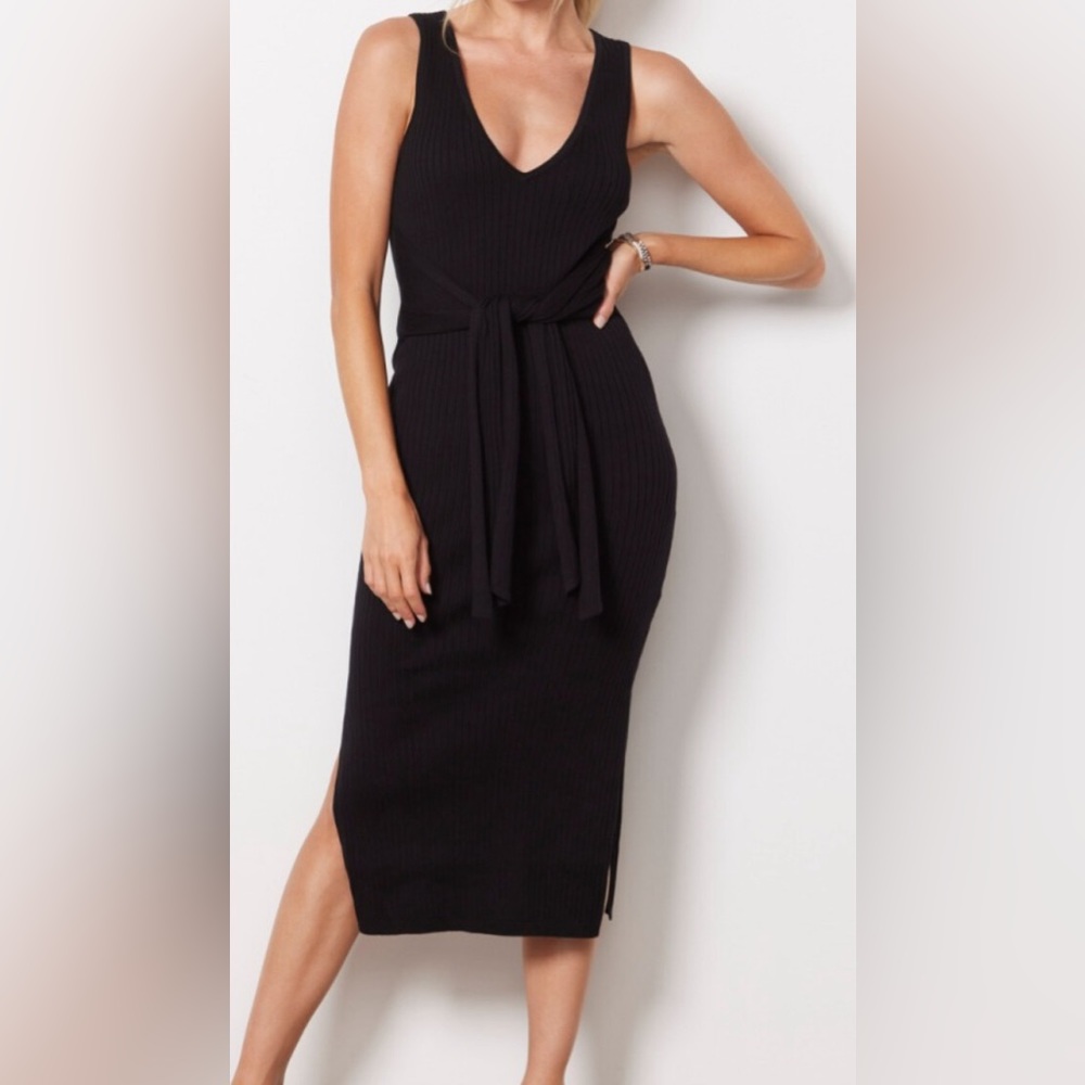 Good‎ American Rib Knit Belted Midi Dress Black Size 2 (M) NWOT